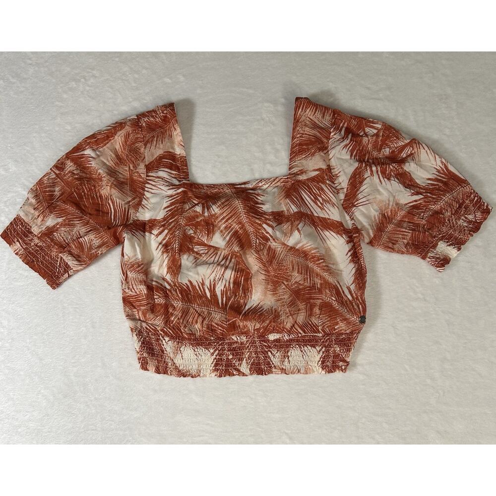 Roxy Cropped Puff Sleeve Tropical Shirt Size L Beachy Coastal Summer Hawaiian